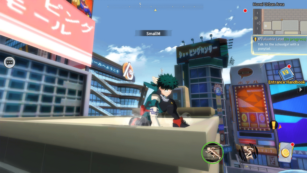 Deku making a dynamic landing in My Hero Academia: The Strongest Hero.