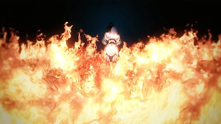Demon Slayer: Entertainment District Arc Ep. 11 "No Matter How Many Lives" screenshot showing Gyutaro with Ume riding on his back as they march into hell together.