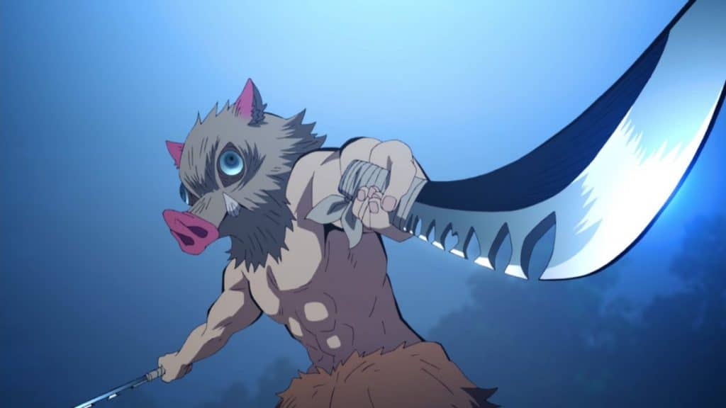 "Demon Slayer: Entertainment District Arc" screenshot showing a very determined-looking Inosuke holding his trademark saw-edged swords.