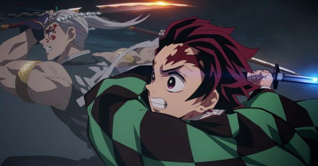"Demon Slayer: Entertainment District Arc" screenshot showing Tengen and Tanjiro launching a combo attack.