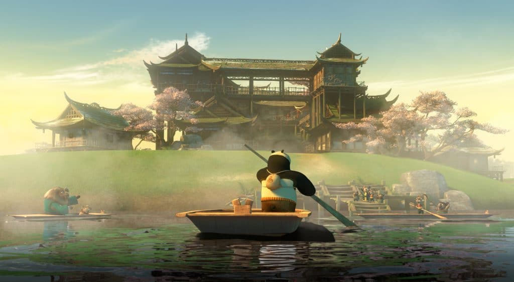 Kung Fu fighting Panda Po standing in front of the temple