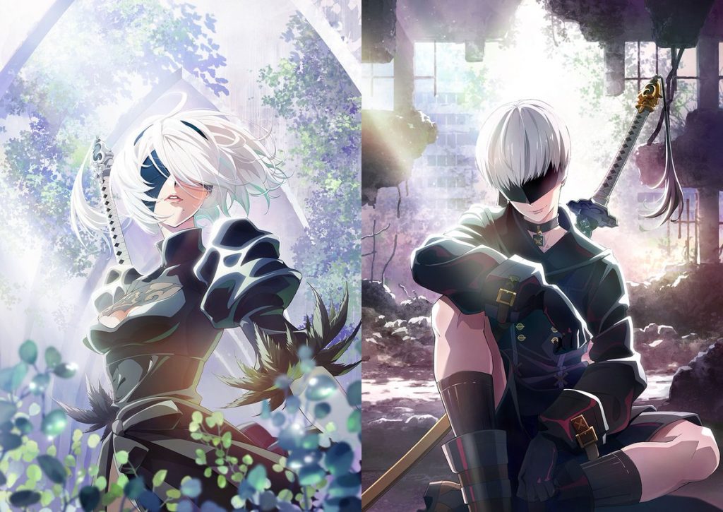 "Nier: Automata Ver1.1a" 2B key art and 9S key art placed side by side.